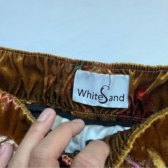 WHITE SAND gold mustard yellow knit suede velvet velour floral print wide leg - Picture 7 of 8